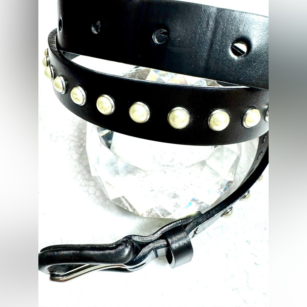 Leather Black Studded Belt with Pearls Classic - Picture 10 of 14